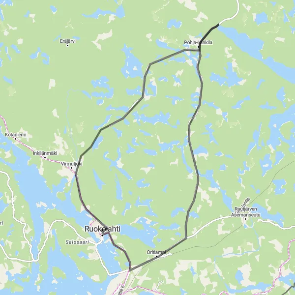 Map miniature of "Ruokolahti to Kuusisto Road Cycling Route" cycling inspiration in Etelä-Suomi, Finland. Generated by Tarmacs.app cycling route planner