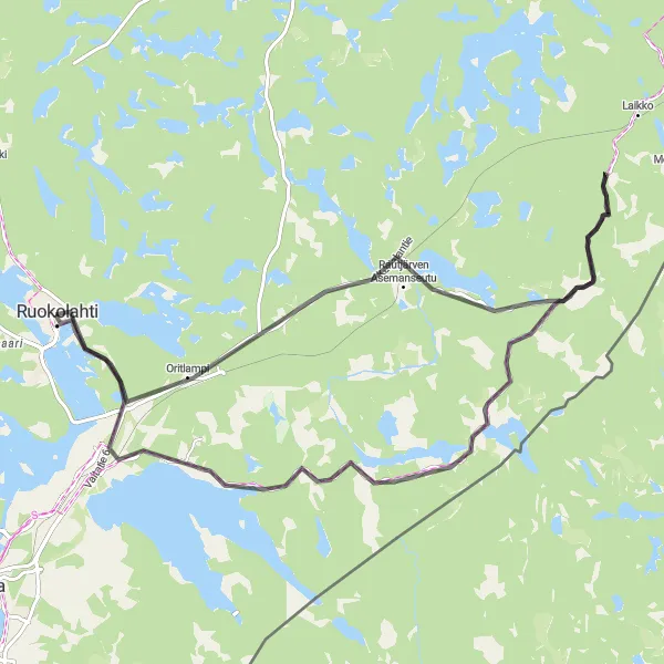 Map miniature of "Ruokolahti to Purnujärvi Loop" cycling inspiration in Etelä-Suomi, Finland. Generated by Tarmacs.app cycling route planner