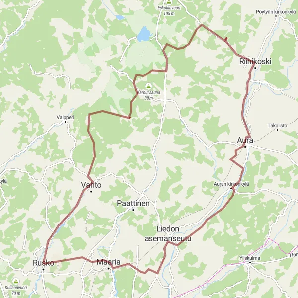 Map miniature of "Scenic Gravel Cycling Route near Rusko" cycling inspiration in Etelä-Suomi, Finland. Generated by Tarmacs.app cycling route planner