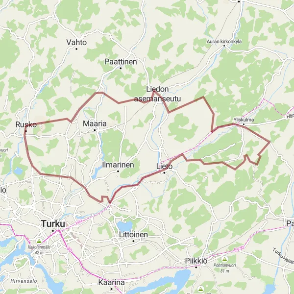 Map miniature of "Rural Gravel Cycling Adventure near Rusko" cycling inspiration in Etelä-Suomi, Finland. Generated by Tarmacs.app cycling route planner