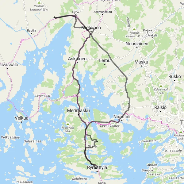 Map miniature of "The Rymättylä Loop" cycling inspiration in Etelä-Suomi, Finland. Generated by Tarmacs.app cycling route planner