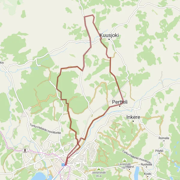 Map miniature of "Scenic Gravel Route: Tykki to Pertteli Loop" cycling inspiration in Etelä-Suomi, Finland. Generated by Tarmacs.app cycling route planner