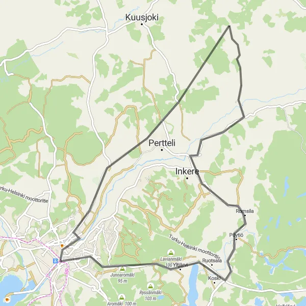 Map miniature of "Vuorenmäki Adventure" cycling inspiration in Etelä-Suomi, Finland. Generated by Tarmacs.app cycling route planner