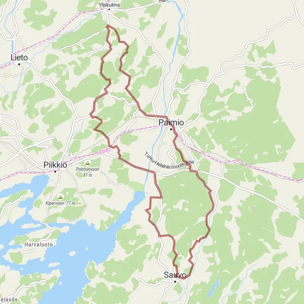 Map miniature of "Sauvo Gravel Adventure" cycling inspiration in Etelä-Suomi, Finland. Generated by Tarmacs.app cycling route planner