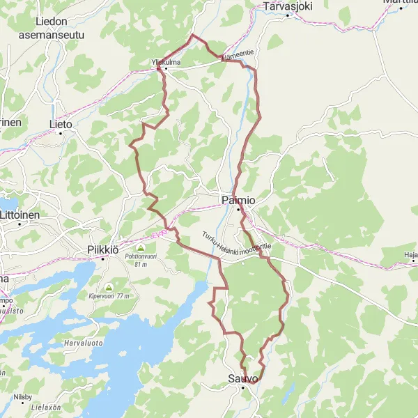 Map miniature of "Saustila Gravel Adventure" cycling inspiration in Etelä-Suomi, Finland. Generated by Tarmacs.app cycling route planner