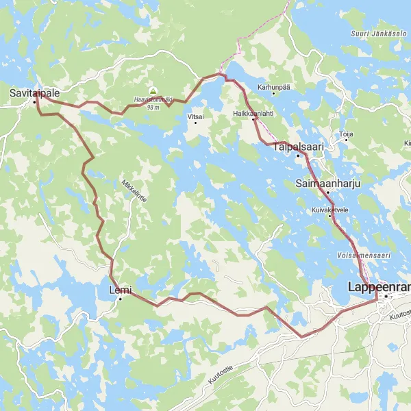 Map miniature of "Thrilling Gravel Expedition near Savitaipale" cycling inspiration in Etelä-Suomi, Finland. Generated by Tarmacs.app cycling route planner