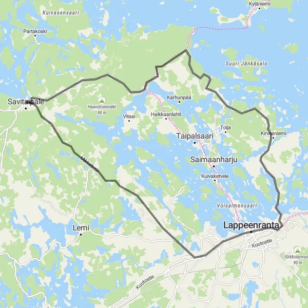 Map miniature of "Challenging road cycling route showcasing the best of Savitaipale" cycling inspiration in Etelä-Suomi, Finland. Generated by Tarmacs.app cycling route planner