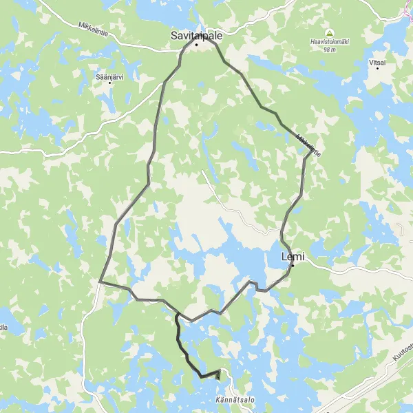 Map miniature of "Savitaipale Scenic Road Ride" cycling inspiration in Etelä-Suomi, Finland. Generated by Tarmacs.app cycling route planner