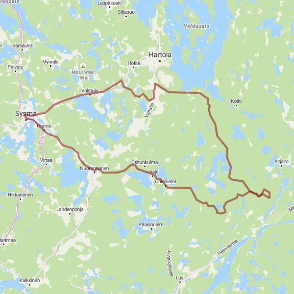 Map miniature of "Sysmä-Petäisvuori-Sääksjärvi-Otamo Route" cycling inspiration in Etelä-Suomi, Finland. Generated by Tarmacs.app cycling route planner