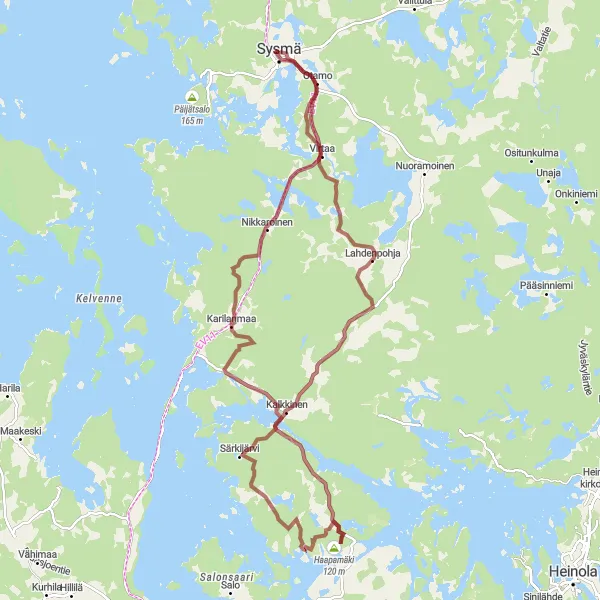 Map miniature of "Sysmä-Kalkkinen-Haapamäki-Harjunpolvenmäki-Ohrasaari Route" cycling inspiration in Etelä-Suomi, Finland. Generated by Tarmacs.app cycling route planner