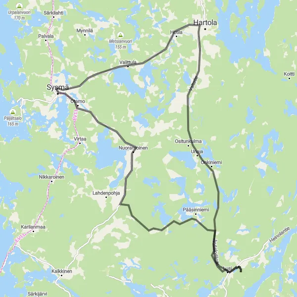 Map miniature of "Countryside Serenity" cycling inspiration in Etelä-Suomi, Finland. Generated by Tarmacs.app cycling route planner