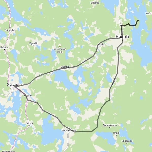 Map miniature of "Sysmä-Petäisvuori-Hartola-Otamo Route" cycling inspiration in Etelä-Suomi, Finland. Generated by Tarmacs.app cycling route planner