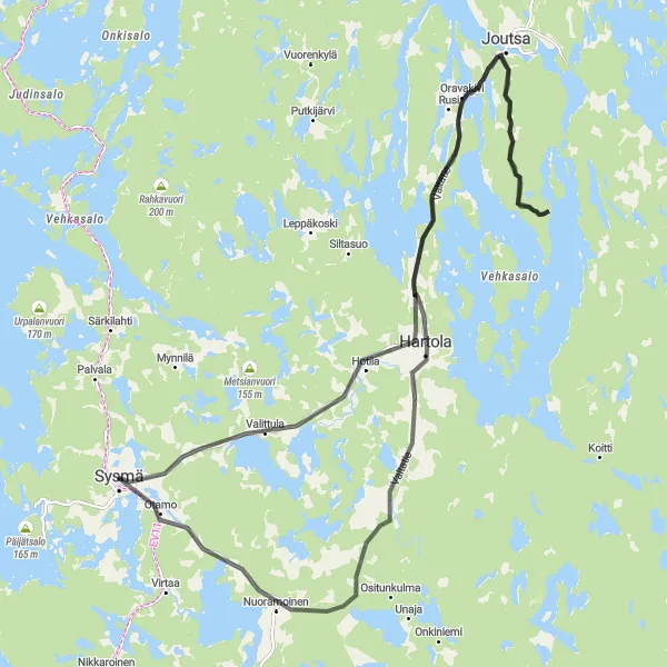 Map miniature of "Through Joutsa and Hartola" cycling inspiration in Etelä-Suomi, Finland. Generated by Tarmacs.app cycling route planner