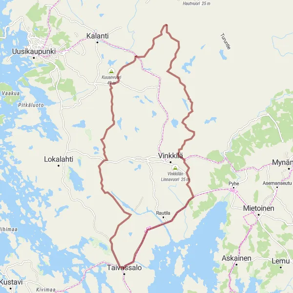 Karttaminiaatyyri "Vehmassalmi - Kuulila - Taivassalo Maastopyöräreitti" pyöräilyinspiraatiosta alueella Etelä-Suomi, Finland. Luotu Tarmacs.app pyöräilyreittisuunnittelijalla