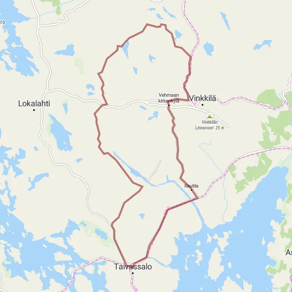 Karttaminiaatyyri "Vehmassalmi - Vehmaan kirkonkylä - Taivassalo" pyöräilyinspiraatiosta alueella Etelä-Suomi, Finland. Luotu Tarmacs.app pyöräilyreittisuunnittelijalla