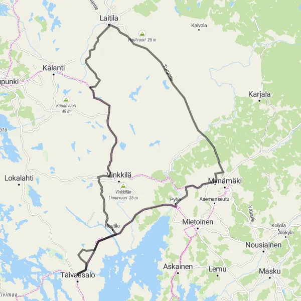 Map miniature of "Vehmaan kirkonkylä to Pyhe Road Cycling Route" cycling inspiration in Etelä-Suomi, Finland. Generated by Tarmacs.app cycling route planner