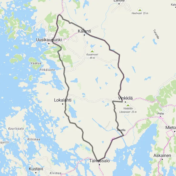 Map miniature of "Kalanti Circuit on a Road Bike" cycling inspiration in Etelä-Suomi, Finland. Generated by Tarmacs.app cycling route planner