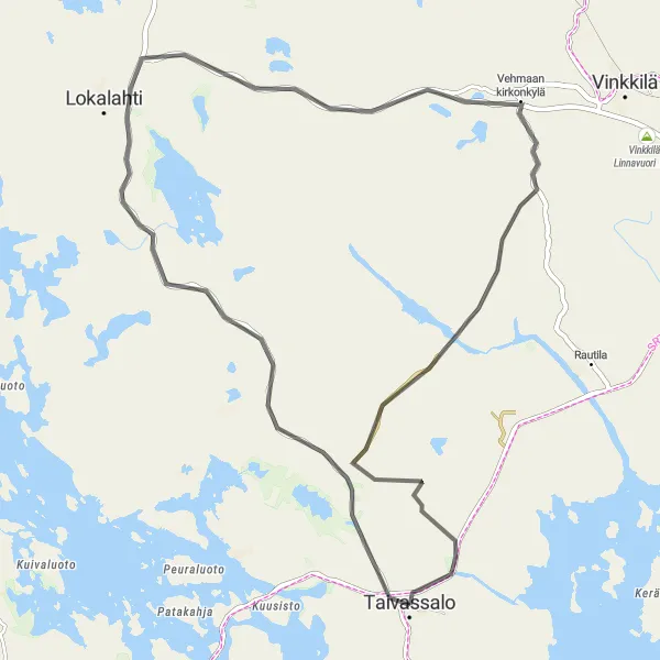 Map miniature of "Scenic Ride to Vehmaan kirkonkylä" cycling inspiration in Etelä-Suomi, Finland. Generated by Tarmacs.app cycling route planner