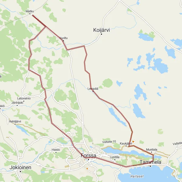 Karttaminiaatyyri "Forssa - Matku - Tammela" pyöräilyinspiraatiosta alueella Etelä-Suomi, Finland. Luotu Tarmacs.app pyöräilyreittisuunnittelijalla