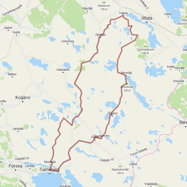 Map miniature of "Challenging Gravel Loop" cycling inspiration in Etelä-Suomi, Finland. Generated by Tarmacs.app cycling route planner