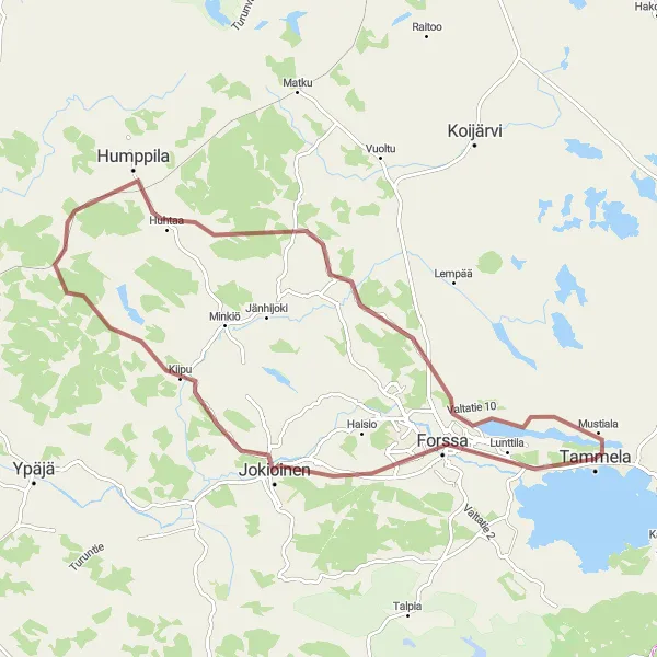 Map miniature of "Gravel Tour of Tammela and Humppila" cycling inspiration in Etelä-Suomi, Finland. Generated by Tarmacs.app cycling route planner