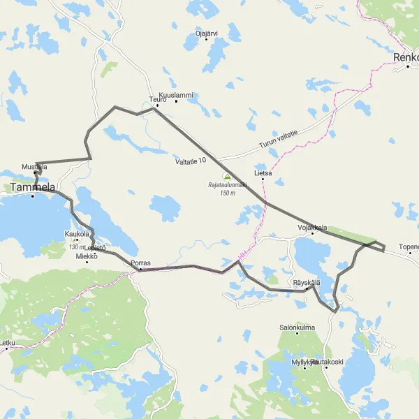 Map miniature of "Tammela Gravel Adventure" cycling inspiration in Etelä-Suomi, Finland. Generated by Tarmacs.app cycling route planner