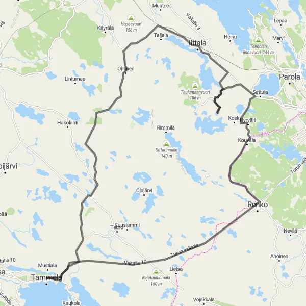Map miniature of "Challenging Road Expedition" cycling inspiration in Etelä-Suomi, Finland. Generated by Tarmacs.app cycling route planner