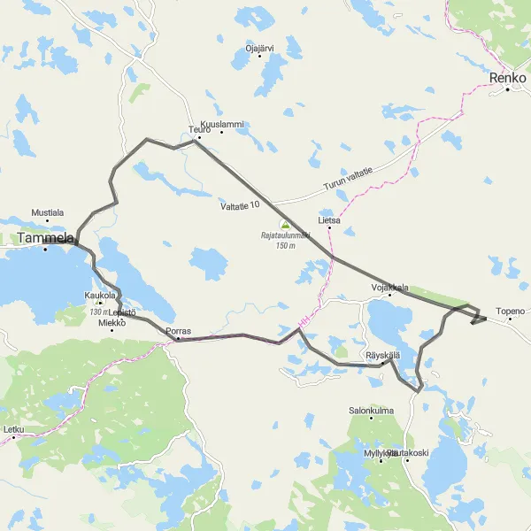 Map miniature of "Scenic Road Loop" cycling inspiration in Etelä-Suomi, Finland. Generated by Tarmacs.app cycling route planner