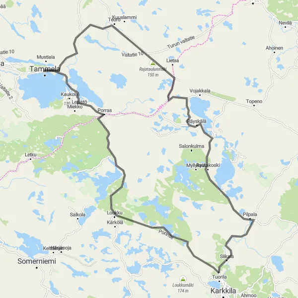 Karttaminiaatyyri "Tammela - Teuro - Rajataulunmäki - Räyskälä - Porras" pyöräilyinspiraatiosta alueella Etelä-Suomi, Finland. Luotu Tarmacs.app pyöräilyreittisuunnittelijalla