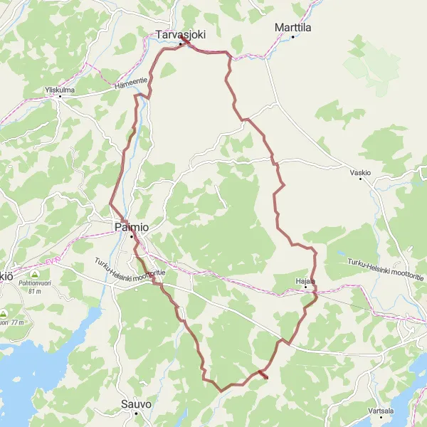 Map miniature of "Gravel Exploration: Tarvasjoki-Hajala-Paimio-Mäentaka" cycling inspiration in Etelä-Suomi, Finland. Generated by Tarmacs.app cycling route planner