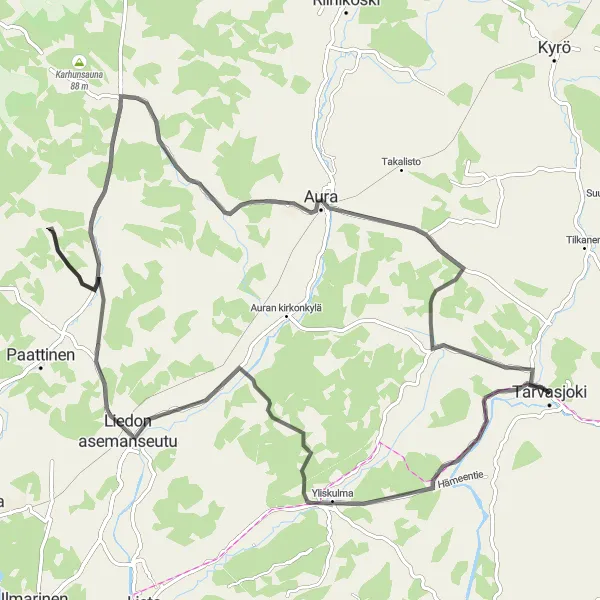 Map miniature of "Scenic Aura Tour" cycling inspiration in Etelä-Suomi, Finland. Generated by Tarmacs.app cycling route planner