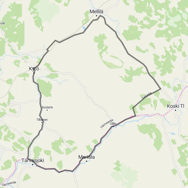 Map miniature of "Idyllic Countryside Ride" cycling inspiration in Etelä-Suomi, Finland. Generated by Tarmacs.app cycling route planner