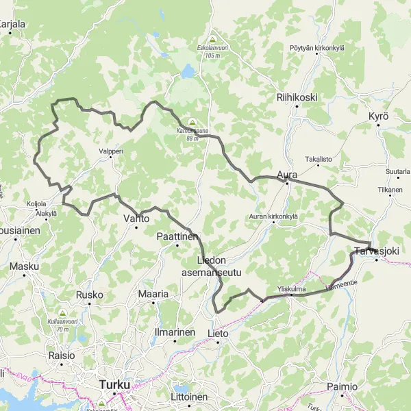 Map miniature of "Tarvasjoki Loop" cycling inspiration in Etelä-Suomi, Finland. Generated by Tarmacs.app cycling route planner