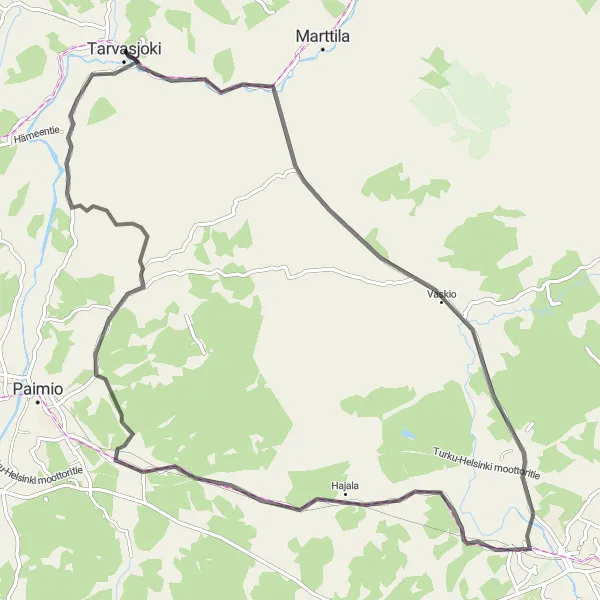 Map miniature of "Road Cycling Adventure: Tarvasjoki-Vaskio-Halikon rautatieasema-Hajala-Mäentaka" cycling inspiration in Etelä-Suomi, Finland. Generated by Tarmacs.app cycling route planner