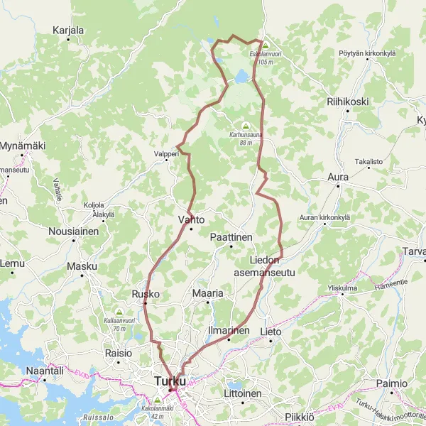 Karttaminiaatyyri "Turku - Palovuori - Koroinen Loop" pyöräilyinspiraatiosta alueella Etelä-Suomi, Finland. Luotu Tarmacs.app pyöräilyreittisuunnittelijalla