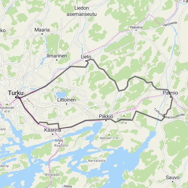 Map miniature of "Turku Road Adventure" cycling inspiration in Etelä-Suomi, Finland. Generated by Tarmacs.app cycling route planner