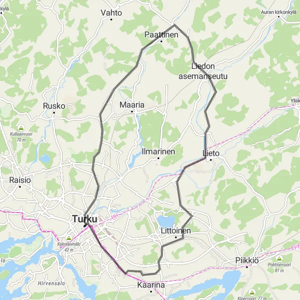 Map miniature of "Turku Roundtrip (Road)" cycling inspiration in Etelä-Suomi, Finland. Generated by Tarmacs.app cycling route planner