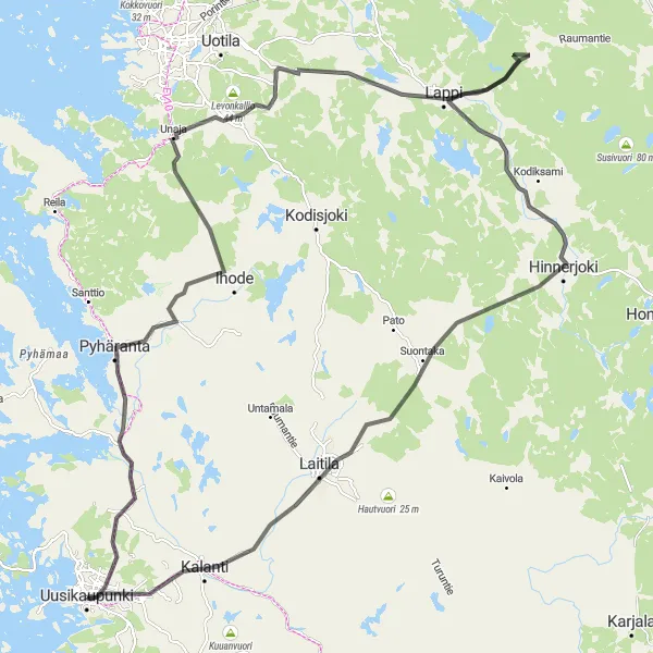 Karttaminiaatyyri "Uusikaupunki - Pyhäranta - Lappi - Ryssänvuori - Kalanti - Uusikaupunki Maantiepyöräilyreitti" pyöräilyinspiraatiosta alueella Etelä-Suomi, Finland. Luotu Tarmacs.app pyöräilyreittisuunnittelijalla