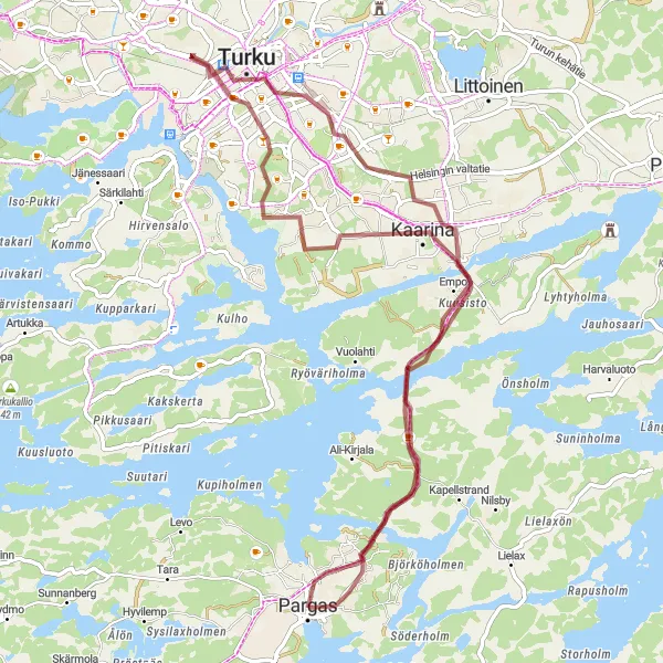 Karttaminiaatyyri "Pargas-Varhaisjärvi Cycling Adventure" pyöräilyinspiraatiosta alueella Etelä-Suomi, Finland. Luotu Tarmacs.app pyöräilyreittisuunnittelijalla