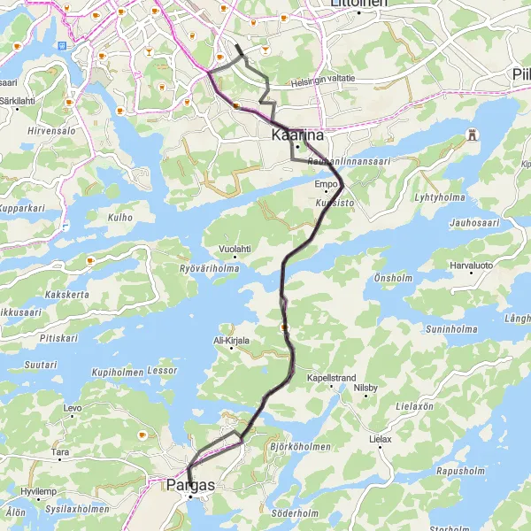 Map miniature of "Väståboland Highlights Loop" cycling inspiration in Etelä-Suomi, Finland. Generated by Tarmacs.app cycling route planner