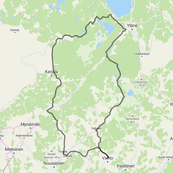 Map miniature of "Vahto to Pyörvuori Loop" cycling inspiration in Etelä-Suomi, Finland. Generated by Tarmacs.app cycling route planner