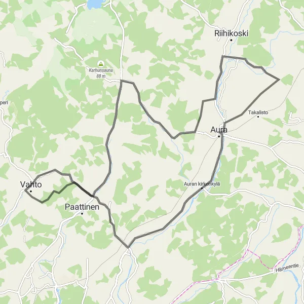Map miniature of "Vahto to Kierikkala Circuit" cycling inspiration in Etelä-Suomi, Finland. Generated by Tarmacs.app cycling route planner