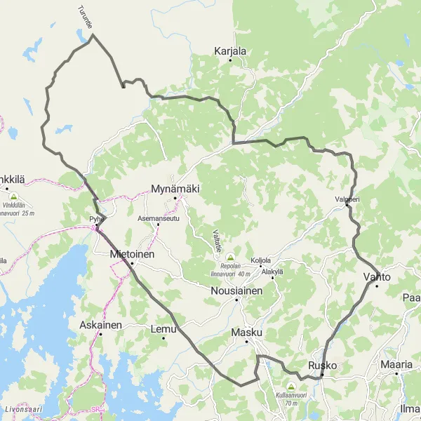 Map miniature of "The Vahto Scenic Road Loop" cycling inspiration in Etelä-Suomi, Finland. Generated by Tarmacs.app cycling route planner