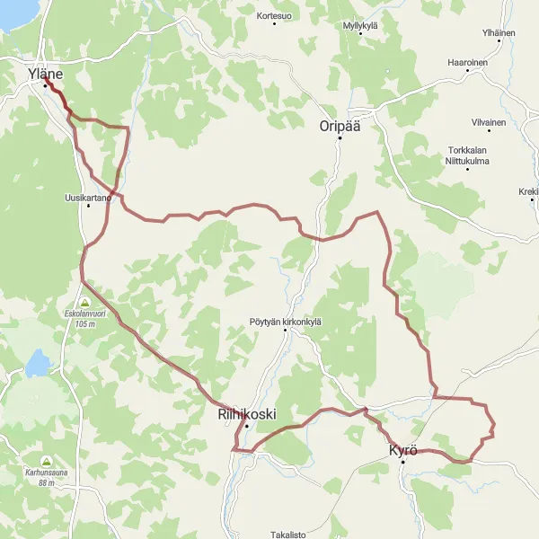 Map miniature of "Yläne - Eskolanvuori Gravel Route" cycling inspiration in Etelä-Suomi, Finland. Generated by Tarmacs.app cycling route planner