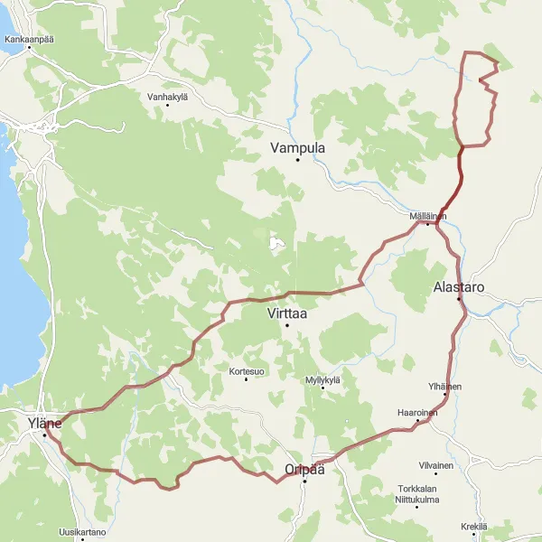 Map miniature of "Yläne - Oripää Gravel Route" cycling inspiration in Etelä-Suomi, Finland. Generated by Tarmacs.app cycling route planner