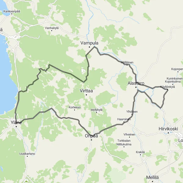 Map miniature of "Yläne Circuit" cycling inspiration in Etelä-Suomi, Finland. Generated by Tarmacs.app cycling route planner