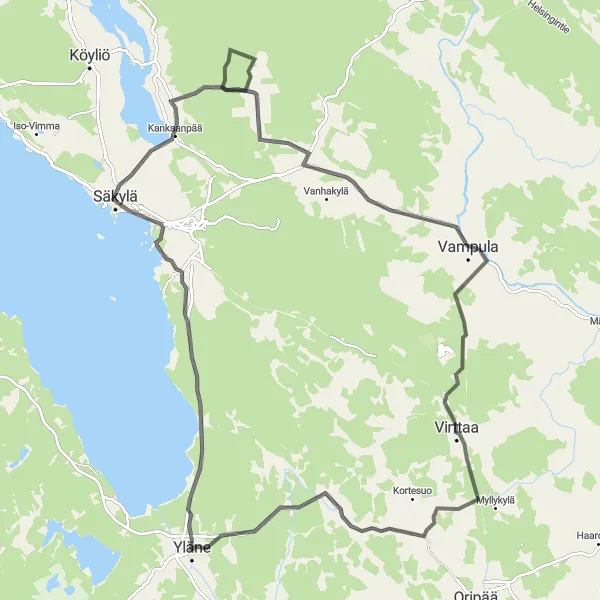 Karttaminiaatyyri "Yläne - Virttaa" pyöräilyinspiraatiosta alueella Etelä-Suomi, Finland. Luotu Tarmacs.app pyöräilyreittisuunnittelijalla