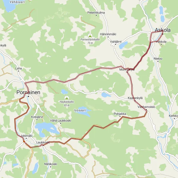 Map miniature of "Laukkoski Gravel Loop" cycling inspiration in Helsinki-Uusimaa, Finland. Generated by Tarmacs.app cycling route planner