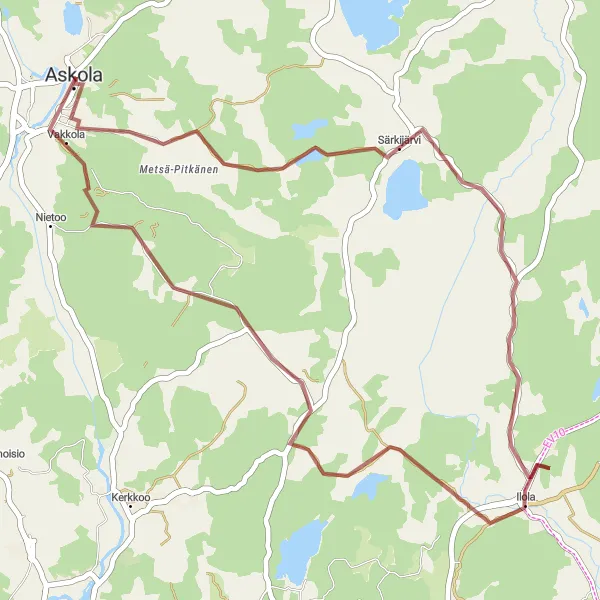 Karttaminiaatyyri "Askola - Vakkola Gravel Tour" pyöräilyinspiraatiosta alueella Helsinki-Uusimaa, Finland. Luotu Tarmacs.app pyöräilyreittisuunnittelijalla