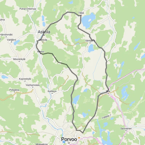 Karttaminiaatyyri "Askola-Huhtinen-Nietoo Road Loop" pyöräilyinspiraatiosta alueella Helsinki-Uusimaa, Finland. Luotu Tarmacs.app pyöräilyreittisuunnittelijalla